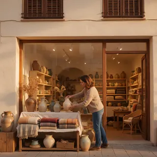 Comerciante colocando jarrones de cerámica en una mesa a la entrada de su pequeña tienda de barrio, con mantas de lana dobladas y árboles de otoño en la calle