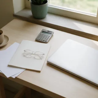 Escritorio junto a una ventana con un portátil cerrado, una calculadora, documentos en blanco y una taza de café