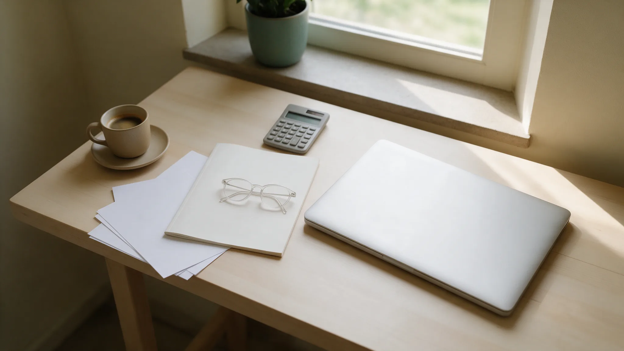 Escritorio junto a una ventana con un portátil cerrado, una calculadora, documentos en blanco y una taza de café