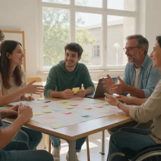 Dos personas emprendedoras y tres estudiantes universitarios trabajan un modelo de negocio con notas de colores sobre un lienzo de papel