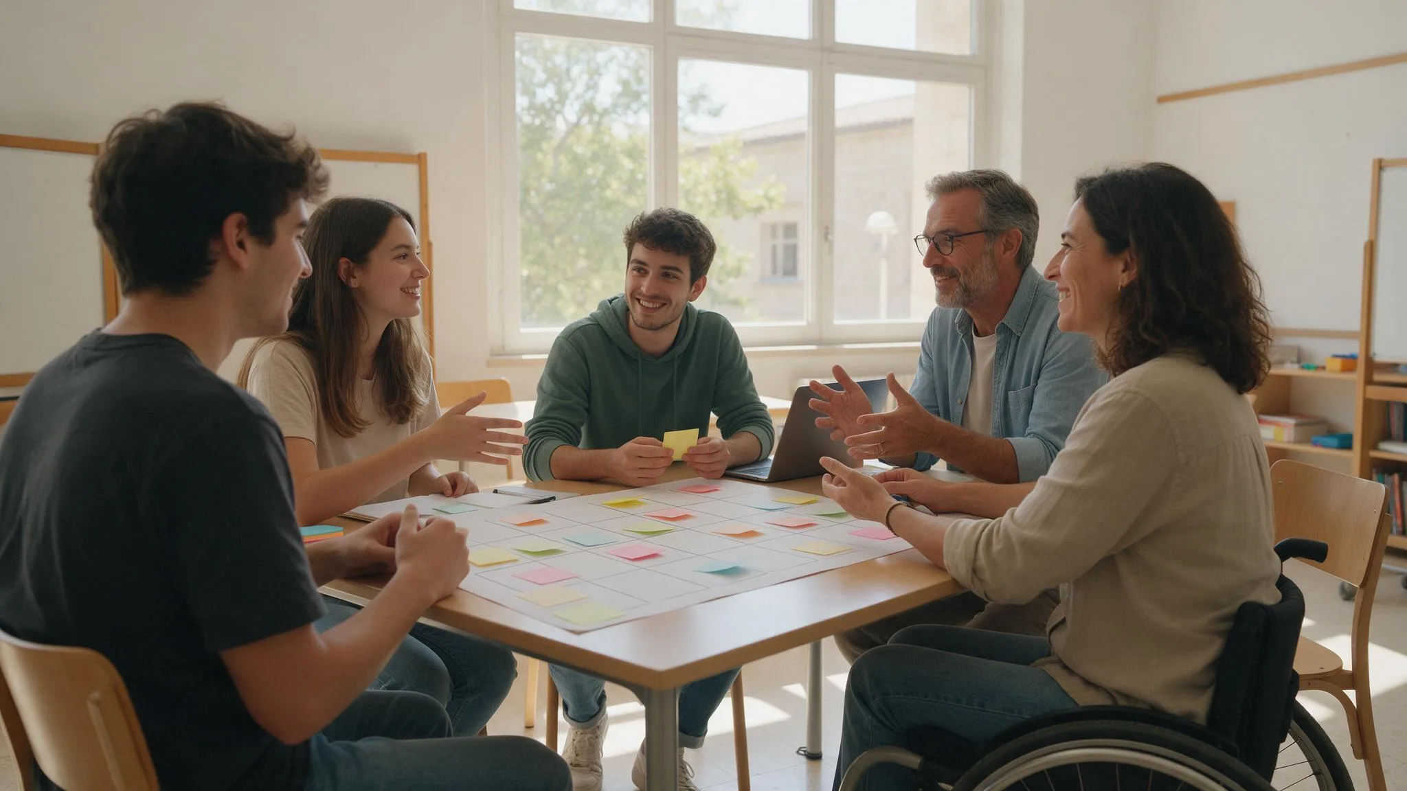 Dos personas emprendedoras y tres estudiantes universitarios trabajan un modelo de negocio con notas de colores sobre un lienzo de papel