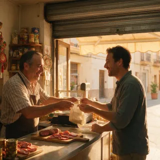 Pequeño comercio español abierto en agosto atendiendo a un cliente