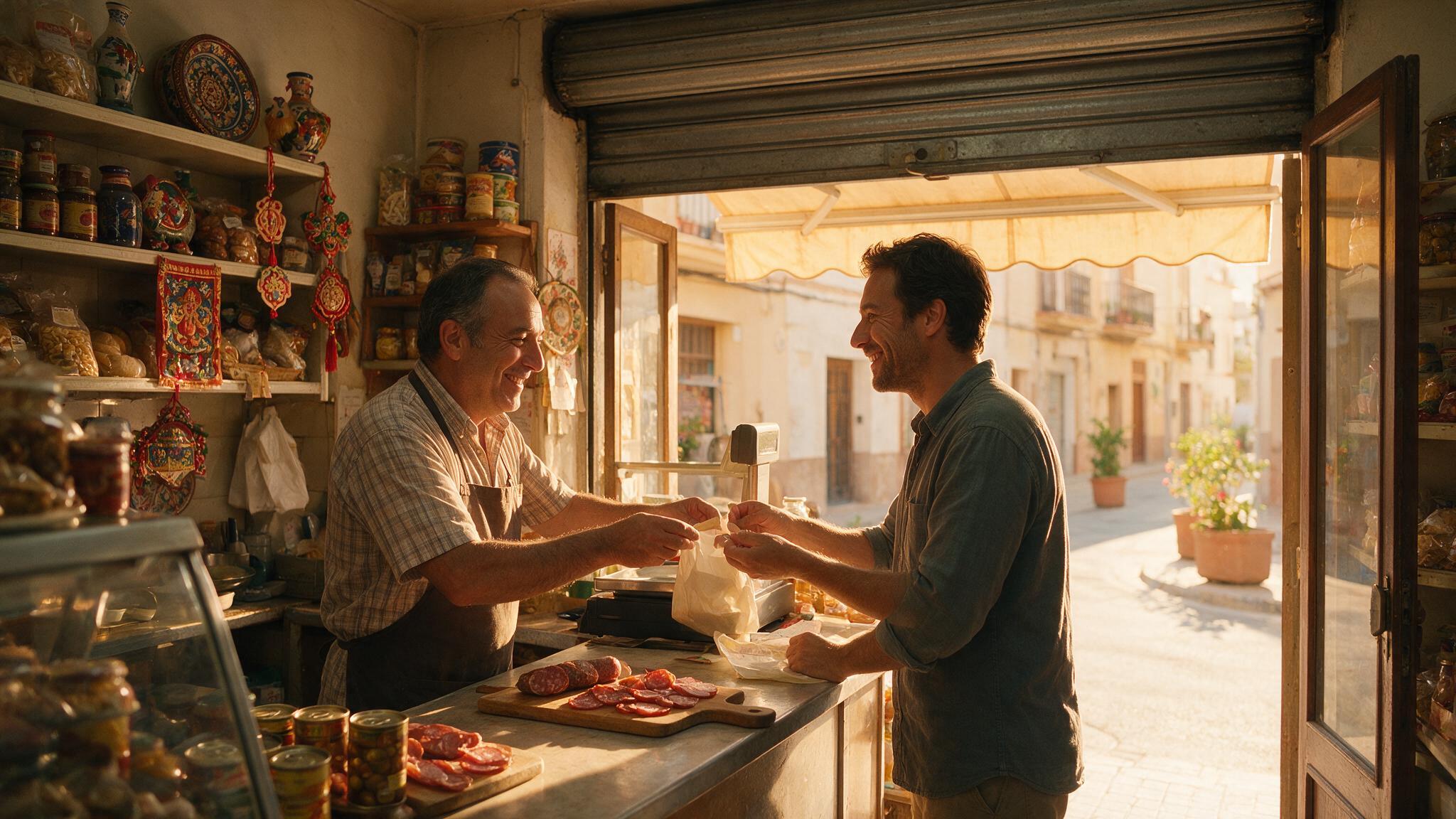 Pequeño comercio español abierto en agosto atendiendo a un cliente