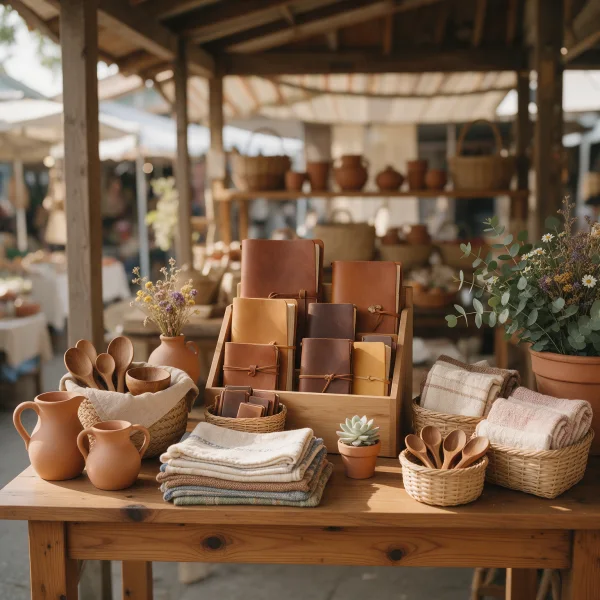 Puesto de artesanía con cerámica, textiles y cestas expuestos sobre una mesa de madera