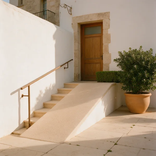 Entrada de un edificio mediterráneo con una rampa de acceso junto a los escalones y un pasamanos