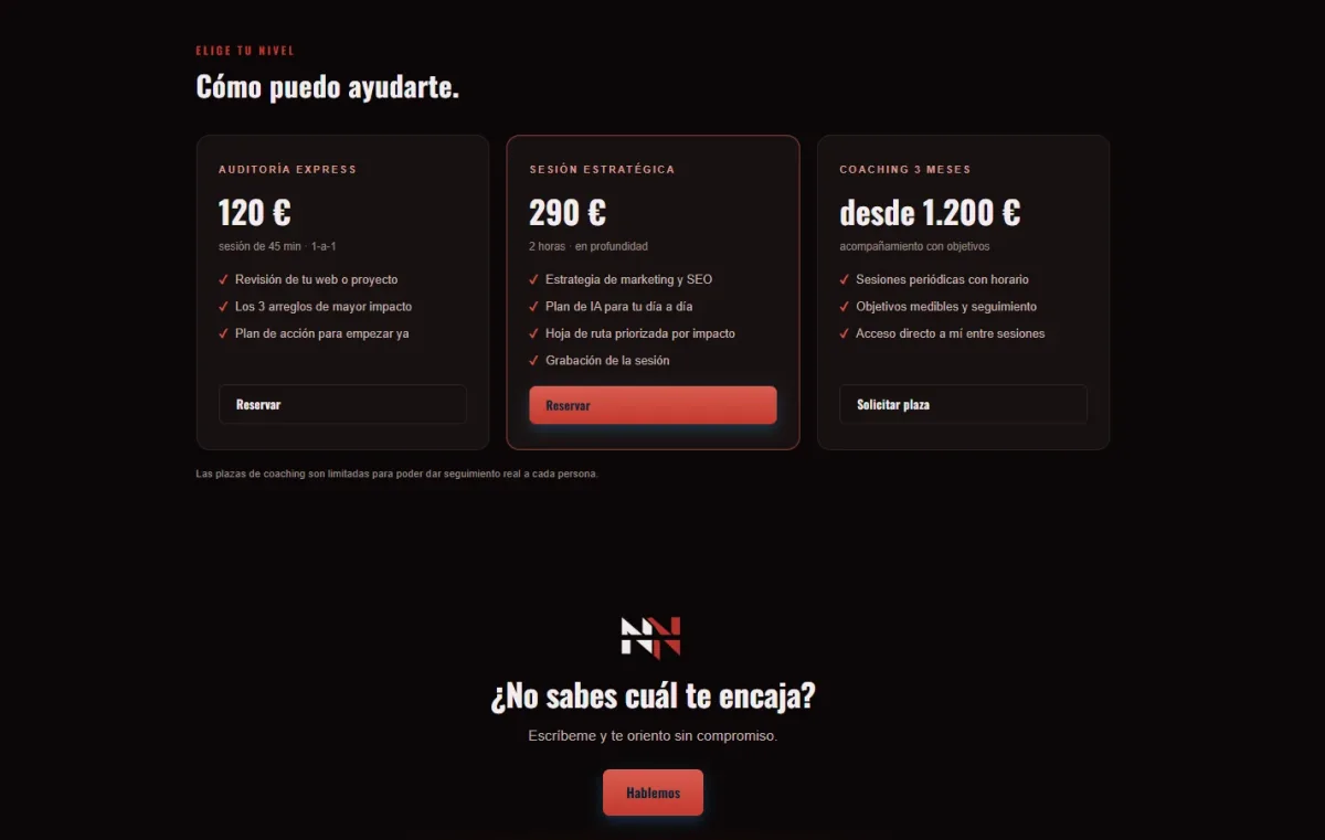 Precios de las mentorías de marketing, SEO e IA de Nefta Nervo